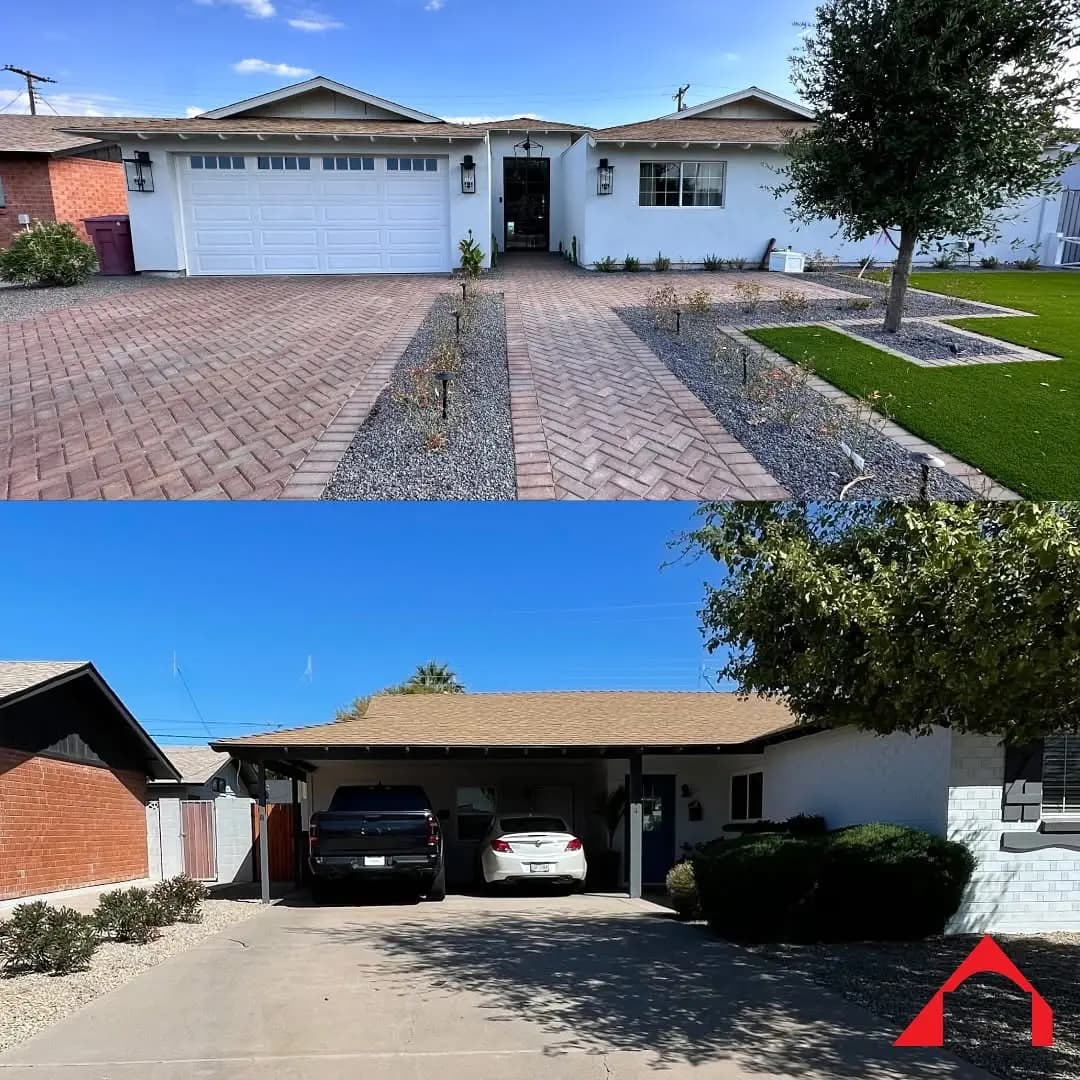 Two views of a home's front exterior and driveway after a Masizo project