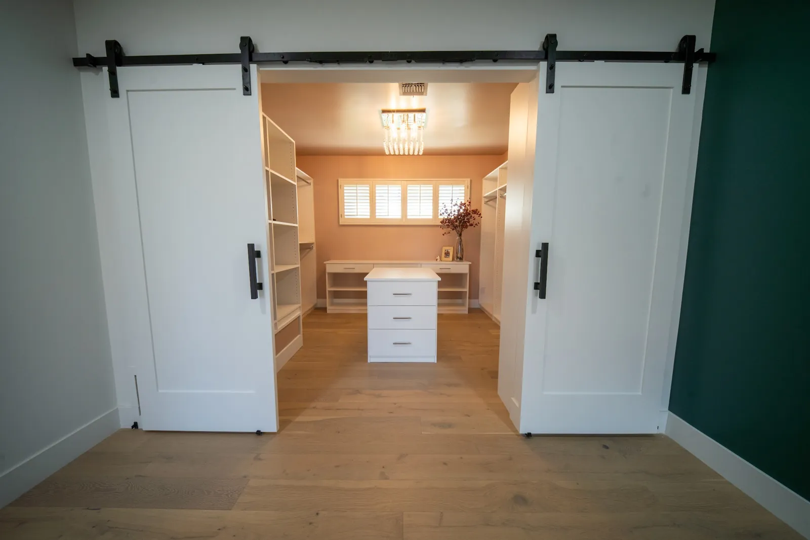Finished walk-in closet behind white barn doors on a Masizo job